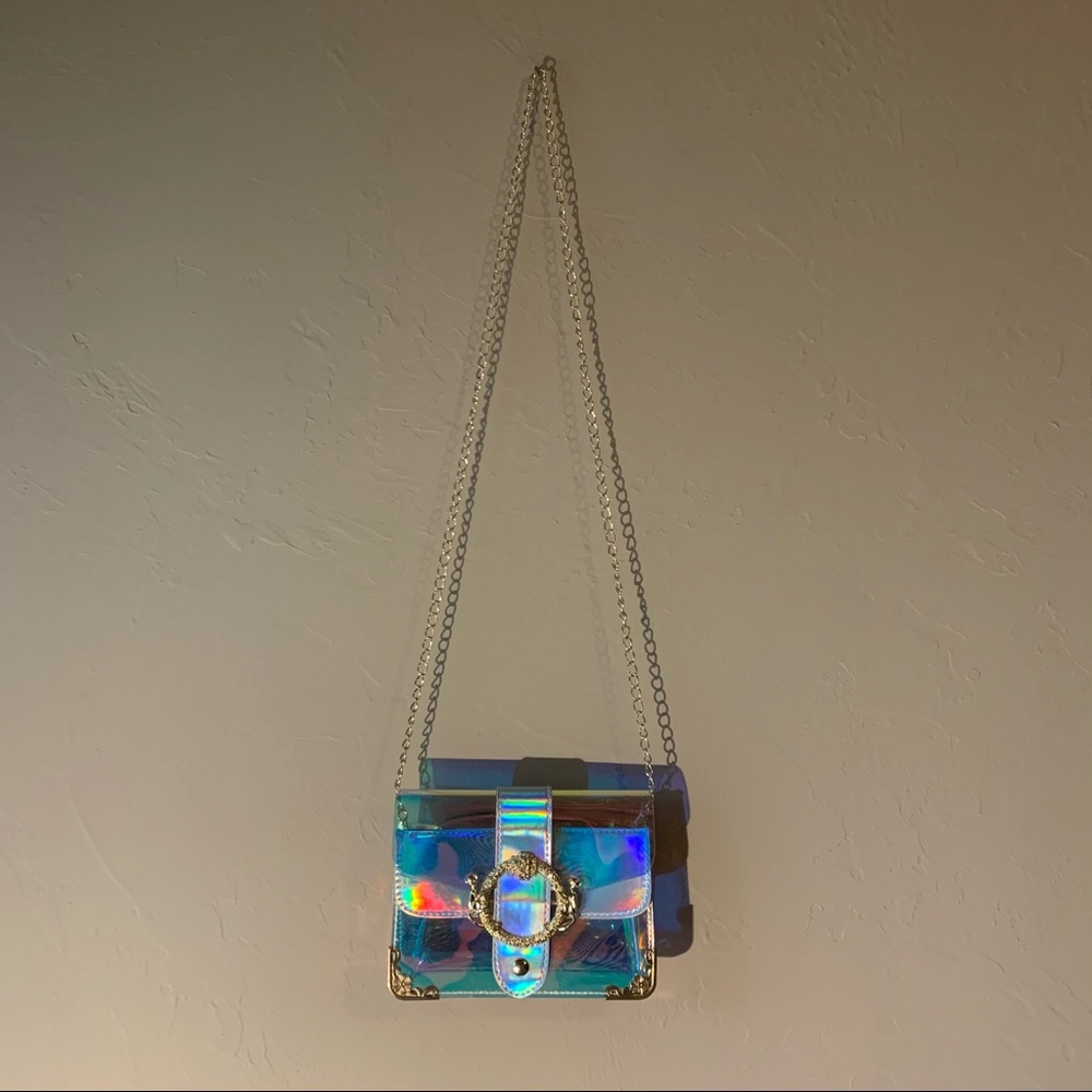 Clear Multi Chrome Crossbody Bag w/ Gold Chain